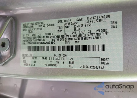 2019 Ford Escape Titanium z USA, uszkodzony, nr VIN 1FMCU0J99KUA87399